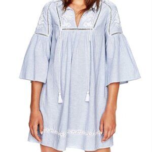 ZARA Trafaluc Collection Blue White Embroidered Tunic Dress Tassels Lace Size S